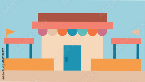 Illustration of a charming market stall with colorful awnings and flags creating a cheerful and inviting atmosphere