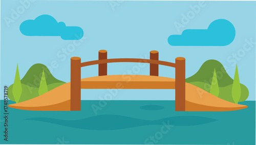 Vector art of charming wooden bridge over calm water with lush green hills, creating a serene and inviting natural scene