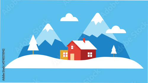 Vector art of vector illustration of a winter landscape with a house, snowcovered hills, and mountains in a flat design style
