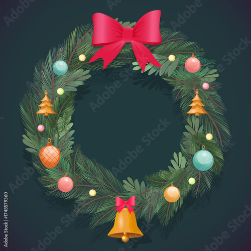 Festive Christmas wreath of pine branches ,mistletoe leaves, with red bow, golden bell, Christmas tree toys. For holiday cards, packaging, posters, web. Vector illustranion on dark green background.