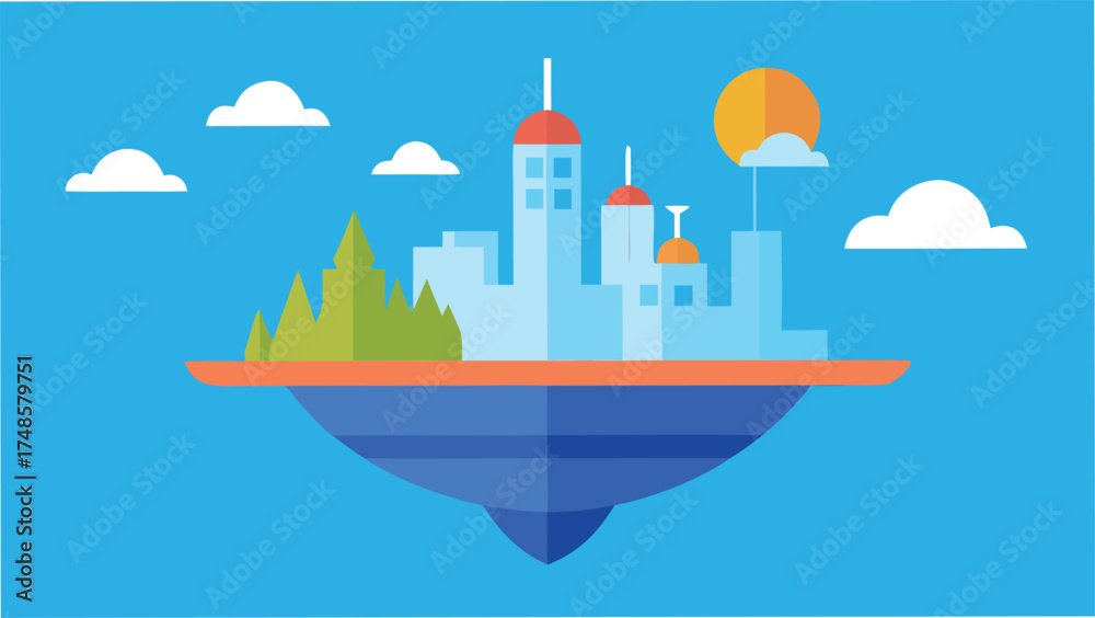 Obraz premium Vector art of floating island with a futuristic city, lush trees, and a radiant sun creating a vibrant and imaginative scene