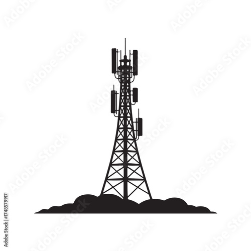 Silhouette of a telecommunication tower with antennas, isolated on white background