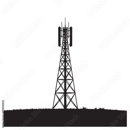 Silhouette of a telecommunication tower with antennas, isolated on white background Vector Art