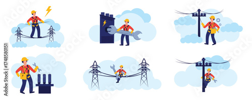 Electric power line technicians vector illustration set. Utility workers repairing power grid, installing cables, maintenance of electrical transmission towers and equipment. Energy industry concept