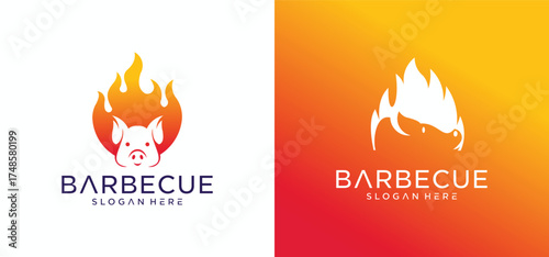 Barbecue logo design with combination of pork and grill fire along with shoes.