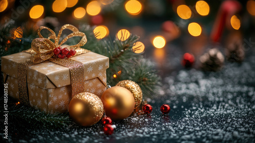 Christmas composition with gift box with golden ribbon, baubles, pine cones and fir branches on sparkling dark background with bokeh effect, creating a festive and cozy atmosphere. Copy space