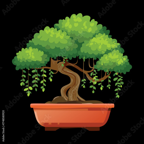 Ancient Twisted Bonsai Tree with Lush Green Foliage in an Earthen Pot Isolated on a Dark Background Vector