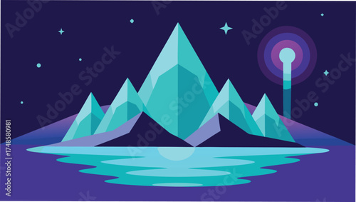 Vector art of a serene landscape featuring majestic mountains reflected in a tranquil lake under a starlit night sky