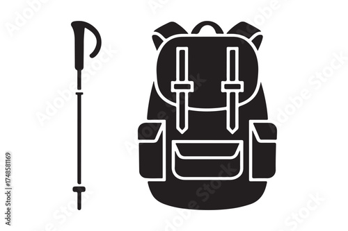 Black silhouette of a hiking backpack and trekking pole