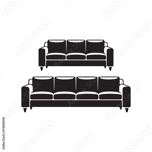 Two black sofas, one threeseater and one fourseater, isolated on white background