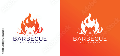 Barbecue logo design with combination of pork and grill fire along with shoes.