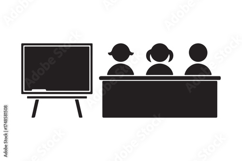 Classroom scene with students and blackboard icon