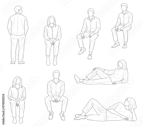 Line Art Human Figures Poses Sitting Standing Lying people outline