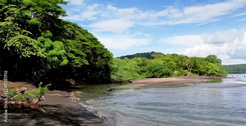 Fly over black sand beach 