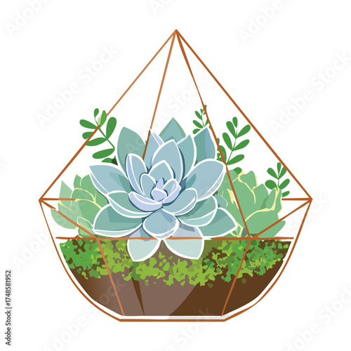 Stunning geometric glass terrarium with hanging design containing a beautiful collection of tiny green succulents