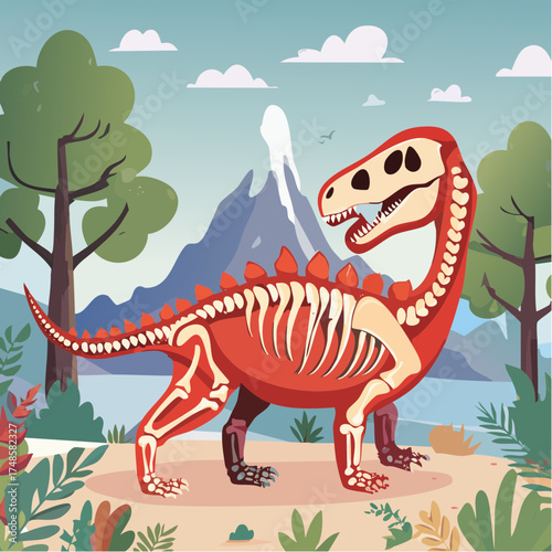 Hand Drawn Red Dinosaur Skeleton Doodle 