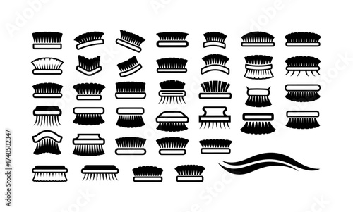 Collection of various black and white brush icons arranged in a grid pattern design silhouette