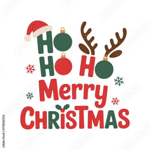 Joyful ho ho ho merry christmas typography design with festive ornaments and antlers