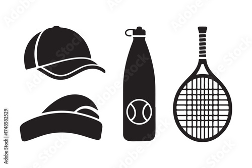 Sports gear icons baseball cap water bottle and tennis racket
