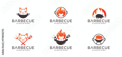 Barbecue logo design with combination of pork and grill fire along with shoes.