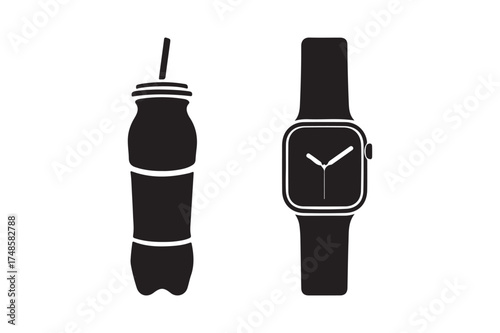 Black silhouette of a water bottle and smartwatch
