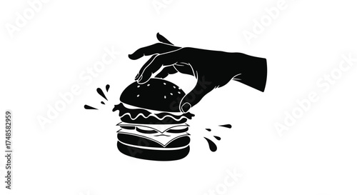 Hand holding a delicious burger with dripping sauce against a white background