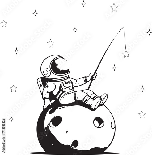 Whimsical astronaut fishing for stars on cratered moon vector for dreamy space-themed design, fantasy, and sci-fi illustration