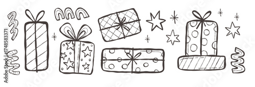 Christmas Set of handdrawn Gifts, Presents, and decorative Stars. Flat retro doodle sticker elements for holiday greeting cards, planners, scrapbooking, and invitations
