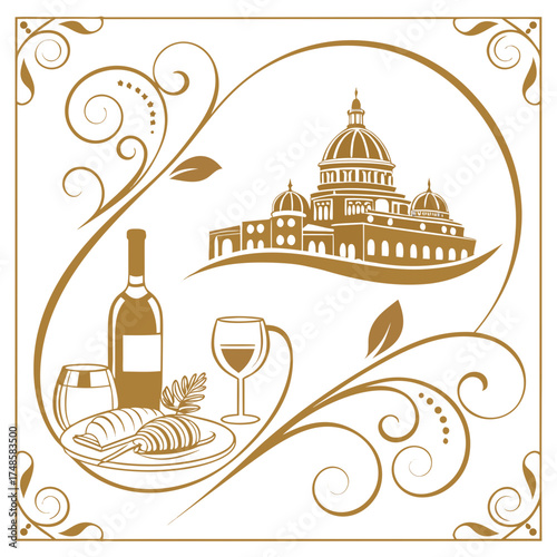 Vector illustration of an abstract background with a wine bottle next to the Sacre Coeur Basilica in Paris, France