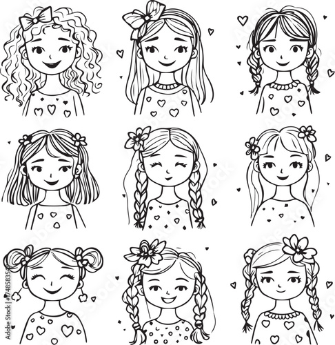 Cartoon girl portrait vector set with playful hairstyles, accessories, and decorative hearts and stars for cute design use