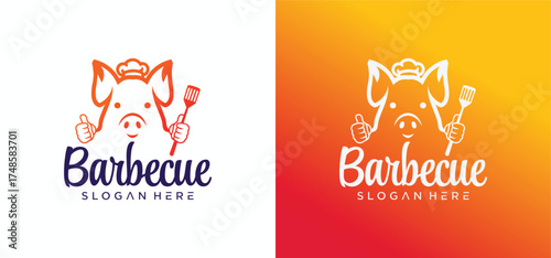 Barbecue logo design with combination of pork and grill fire along with shoes.