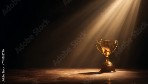 Golden trophy shining under the spotlight symbolizing victory and achievement