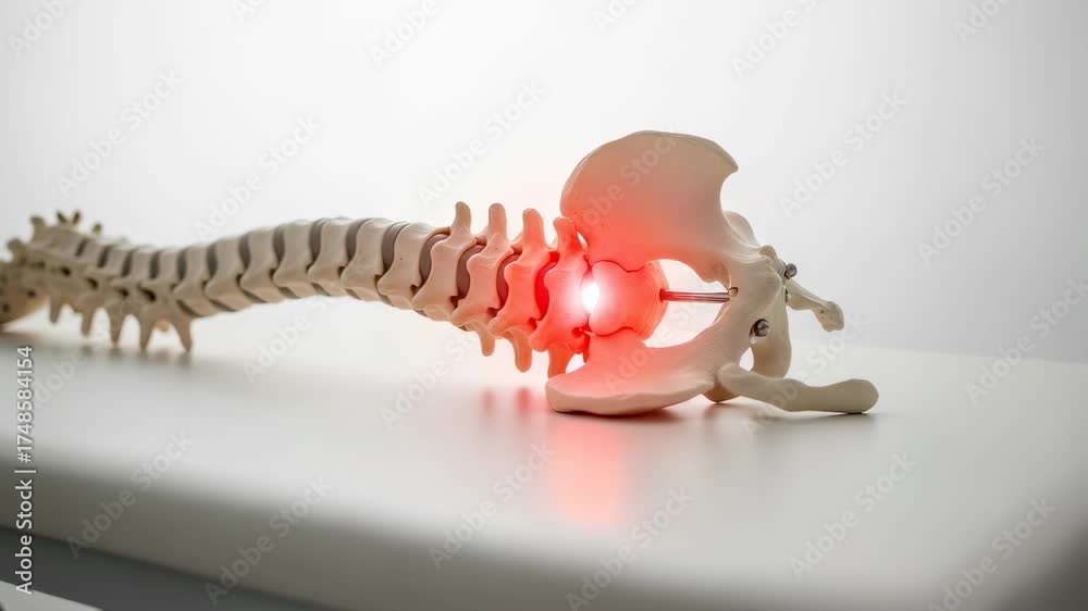 Human spine model highlighting lower back pain in the lumbar and sacral ...