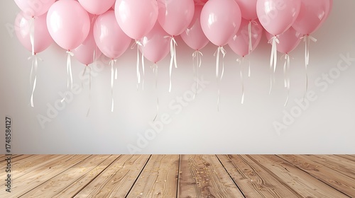 A group of pink balloons hanging from the ceiling with ribbons above a wooden floor against a white wall