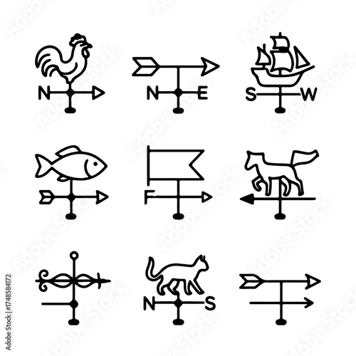 set of outline icons weather vanes vector on a white background
set of 9 line icons, vector, on a white background