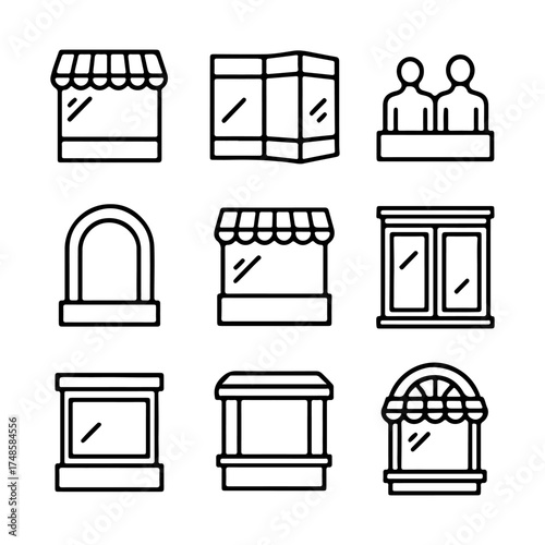 set of outline icons showcases vector on a white background
set of 9 line icons, vector, on a white background