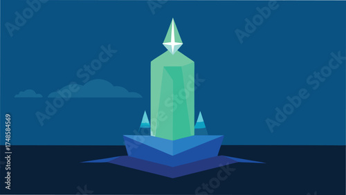 Vector art of a glowing crystal monument stands tall against a dark blue sky, symbolizing power, mystery, and the unknown future
