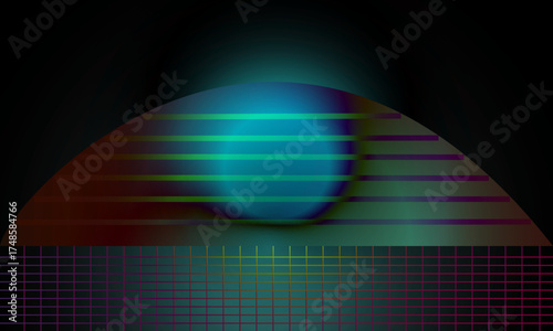 Glowing Blue Orb with Retro Grids and Gradient Horizontal Lines, Geometric Sunset With Neon Stripes Over a Grid Landscape Artwork.