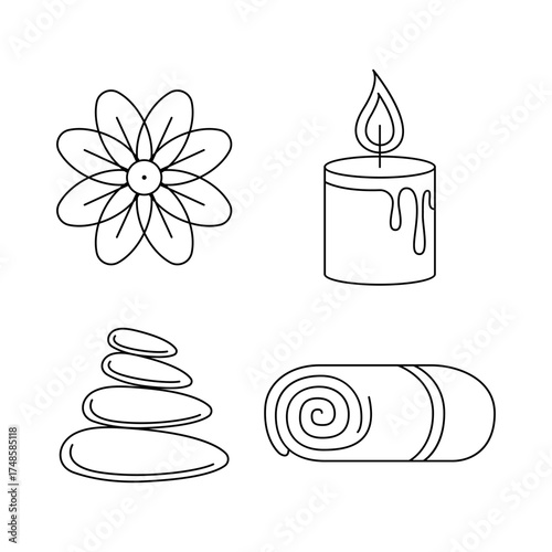 Set of vector line art icons representing spa and wellness elements, including a flower, stacked stones, a candle, and a rolled towel, perfect for beauty and relaxation themes