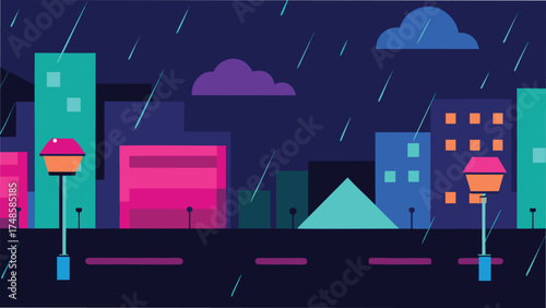 Vector art of a vibrant cityscape at night with rain falling on colorful buildings and illuminated streetlights