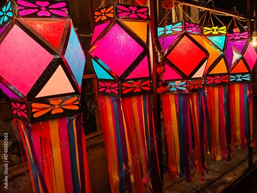Colorful traditional Lanterns in Various Shapes Akash kandil (Diwali decorative lamps) Hang out side shop for sale celebrating Diwali Festival. stock photo