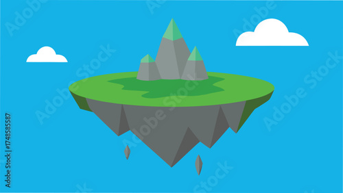 Vector art of a floating island with mountains and clouds on a bright day illustration