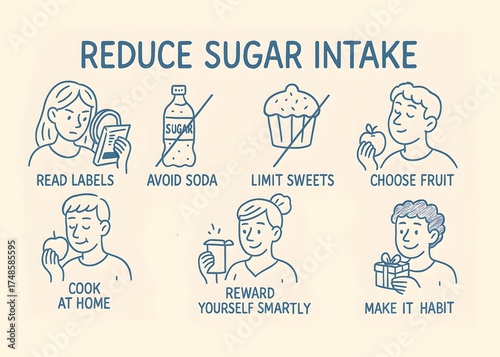 Infographic on how to reduce sugar intake with smart habits like reading labels, avoiding soda and choosing fruit