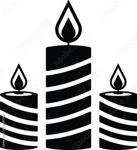 Three stylized candles with glowing flames in a silhouette isolated on white background
