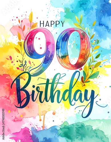 Vibrant watercolor birthday card for 90th celebration