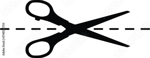 Black silhouette of open scissors cutting a dashed line isolated on white background