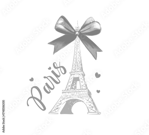 Decorative slogan with Eiffel Tower and a cute bow, vector for fashion, card, poster, wall art designs