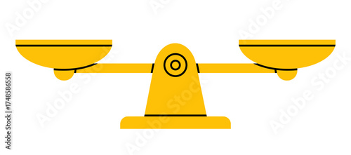 Hand drawn cute illustration balance scales side view. Flat vector mass measurement device doodle. Equal in weight bowls icon. Justice and law concept. Comparison of two options. Isolated.