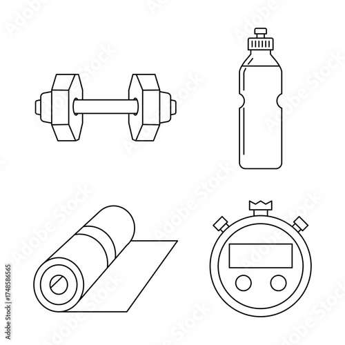 Fitness essentials icon set Dumbbell, water bottle, yoga mat, and stopwatch, perfect for health and wellness apps and websites, 2