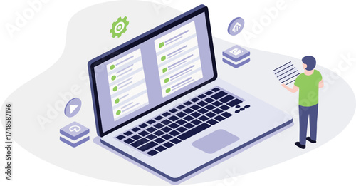 Developer reviewing a checklist on a large laptop, strategizing data integration and showcasing workflow management in clean vector style.
